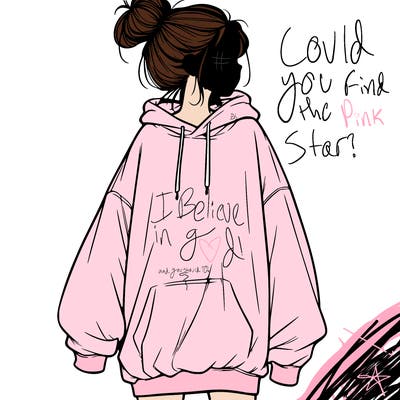 realistic girl with a oversized sweatshirt on and a bun