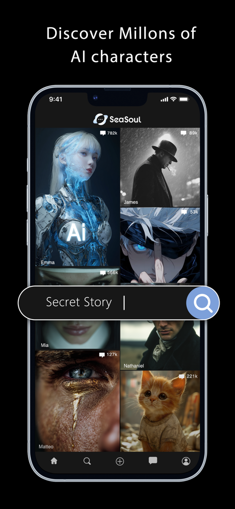 Sea Soul app interface showing a grid of diverse AI characters to discover and a search bar for secret stories