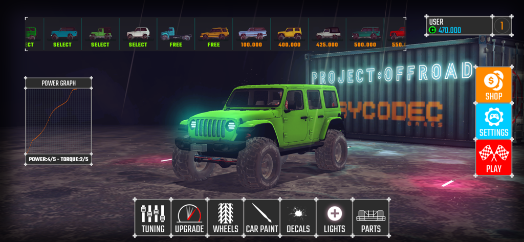 [PROJECT:OFFROAD][20] - Un vehículo todoterreno verde en un garaje de personalización con opciones de ajuste y mejora en Project Offroad 20.