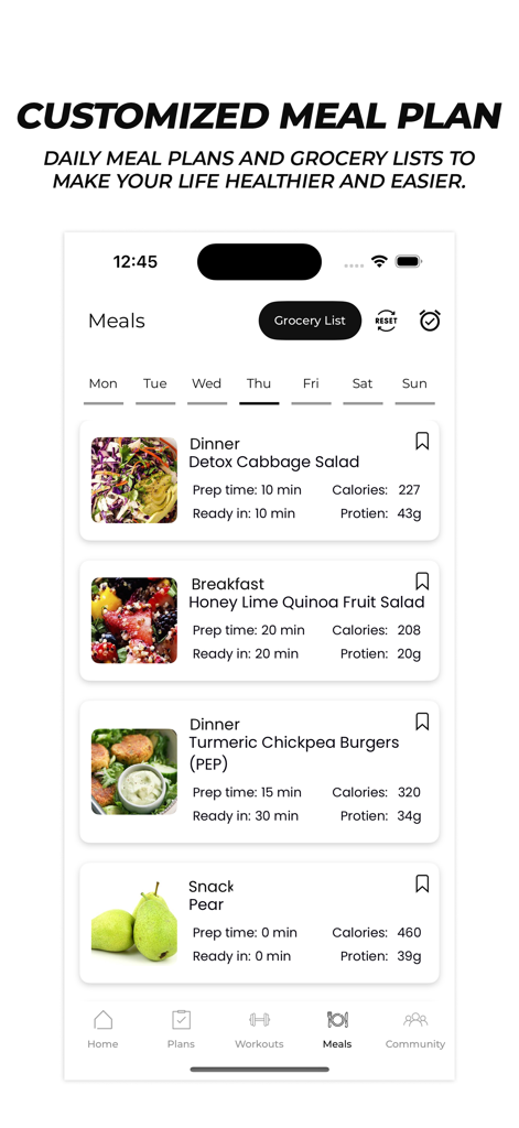 Flo Pilates - Flo Pilatesアプリ、健康的なレシピ、カロリー数、タンパク質情報を含むカスタムミールプランを表示。