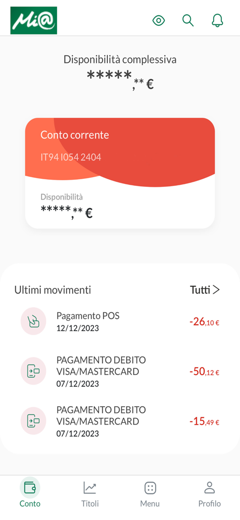 Dashboard of the Mi@ banking app showing account balance and recent transaction history