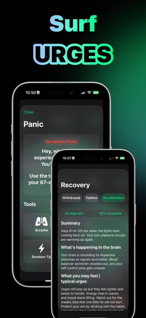 Quit Corn app screens showing panic management tools and science-based recovery phase explanations.