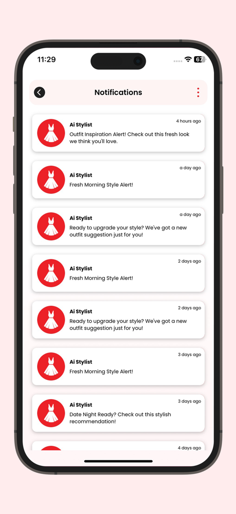 Ai Stylist App - Tela de notificações mostrando inspiração diária de looks e alertas de estilo no aplicativo Ai Stylist.