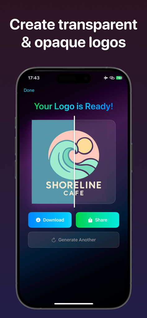 AI Logo Maker & Logo Creator - KI Logo-Ersteller-Oberfläche, die transparente und opake Logo-Optionen für Shoreline Cafe zeigt