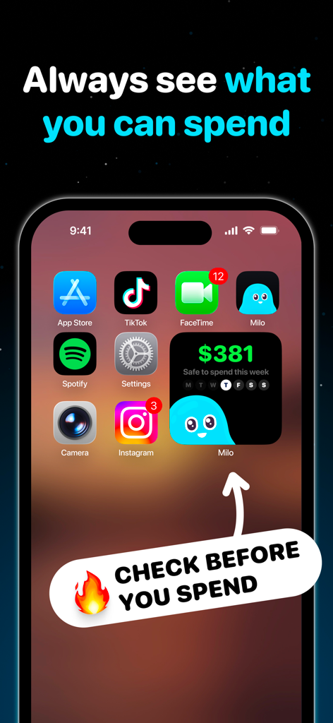 Milo budgeting app widget on an iPhone home screen showing a weekly safe to spend amount of 381 dollars.