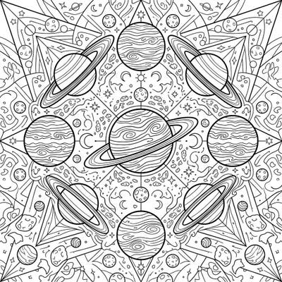 Embark on an intergalactic coloring journey with this stunning Gas Giant Mandala. Discover majestic ringed planets and a universe of stars and celestial patterns in a beautifully symmetrical design.