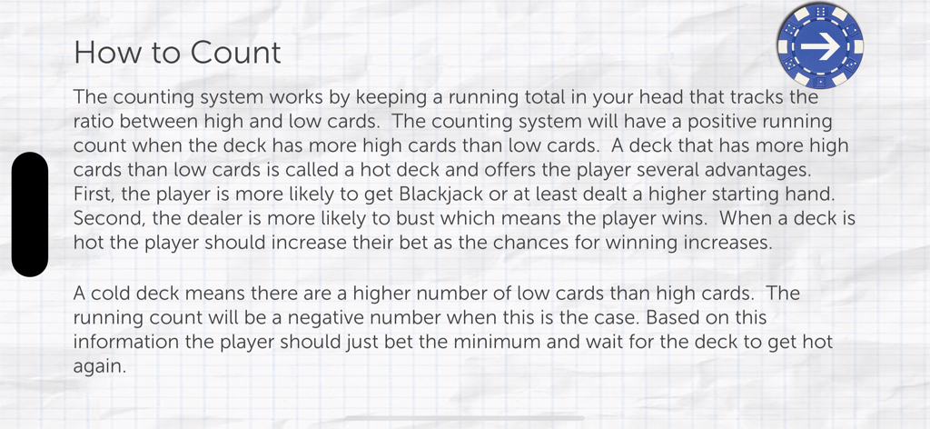Card Counter Liteからの情報画面。ブラックジャックのカードカウンティングの基本を説明している。