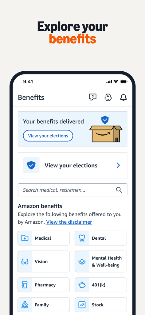 Amazon A to Z - Screenshot of the benefits dashboard in the Amazon A to Z app for employees to manage medical dental and 401k plans