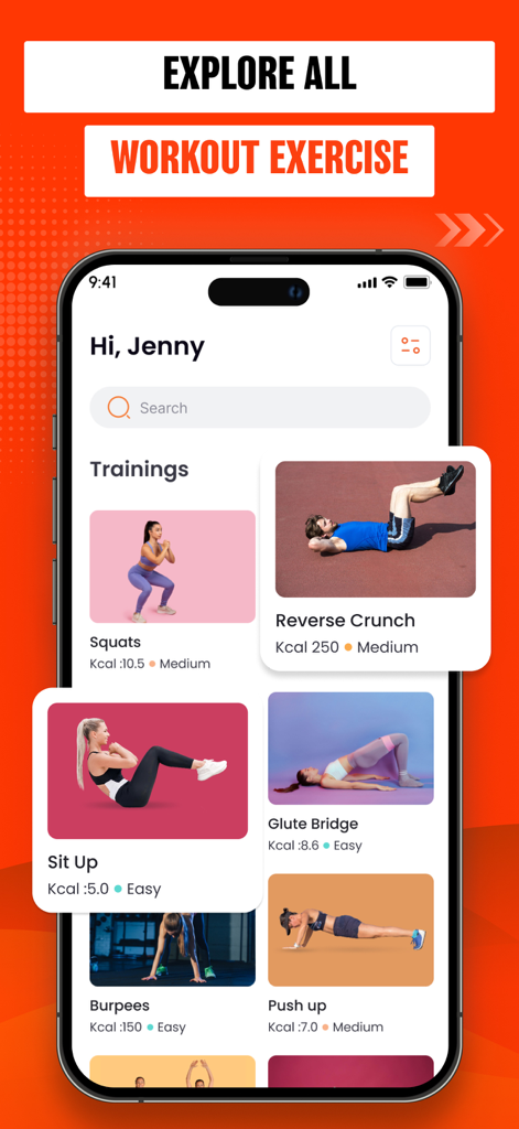 Rope Skipping - AI Counter - Mobile app screen displaying a list of fitness exercises including squats and push ups