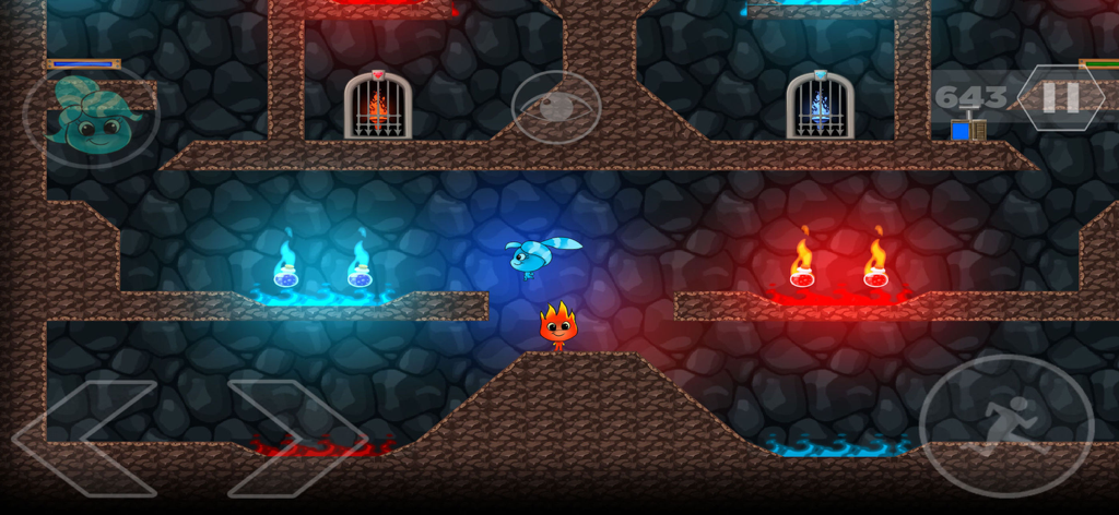 Los personajes Fireboy y Watergirl resolviendo un puzle en un nivel de cueva con peligros elementales.