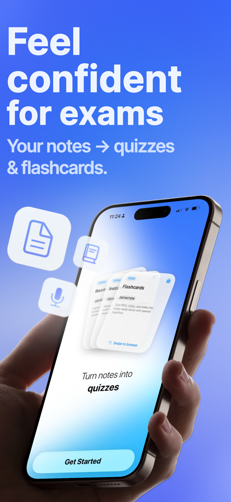 ExamCram - Study AI Quizzes - Aplicativo móvel ExamCram mostrando flashcards e quizzes gerados por IA a partir de anotações de estudo.