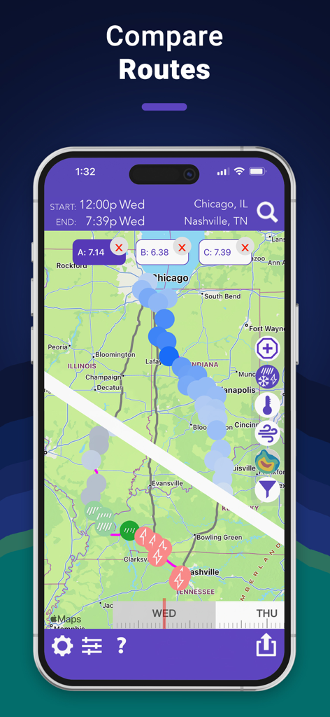 Interface of the Drive Weather app showing a route comparison from Chicago to Nashville with live weather icons