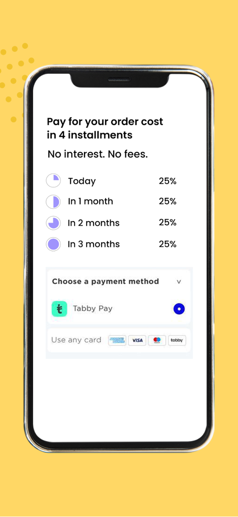 FirstCry Arabia: Baby & Kids - Écran de l'application FirstCry Arabia montrant des plans de paiement sans intérêt en quatre versements avec l'option Tabby Pay