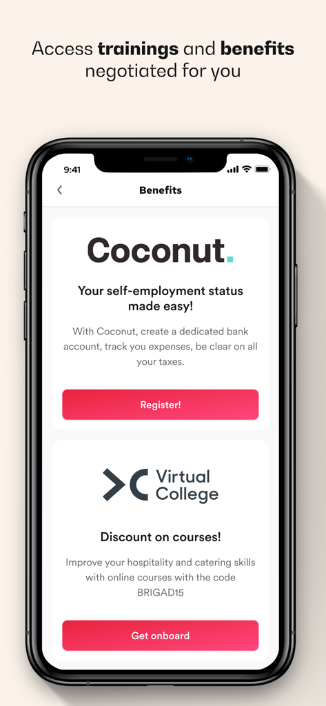 Brigad app Benefits screen showing self-employment tools and hospitality training discounts.