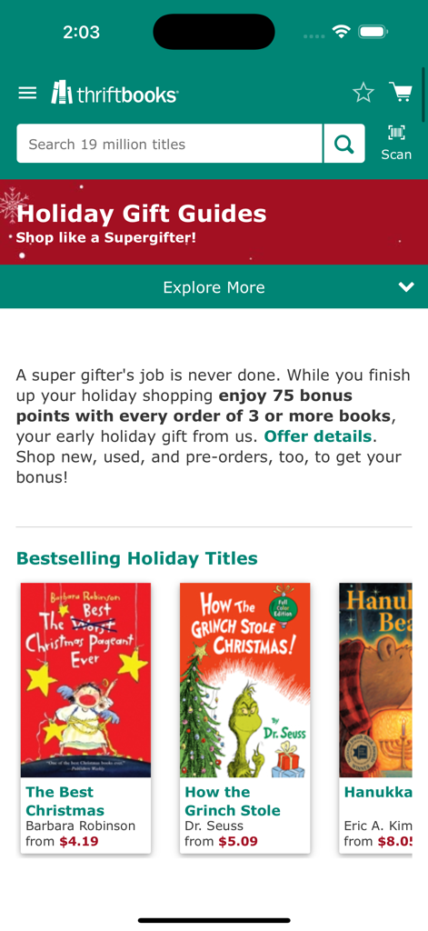 ThriftBooks: New & Used Books - ThriftBooks App mit Weihnachtsgeschenkführern und Werbeangeboten für Bücher.