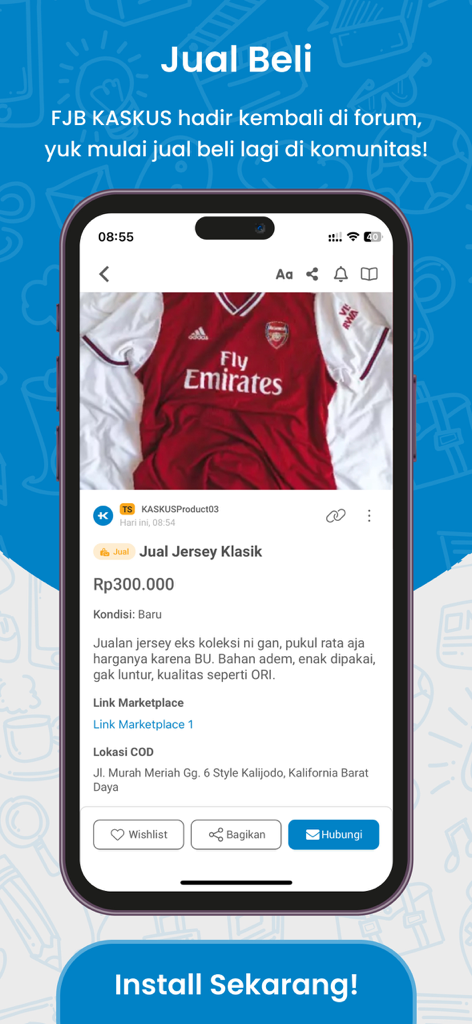 KASKUS Forum: Hobi & Komunitas - Mobile app interface showing a community marketplace listing for a football jersey on KASKUS Forum