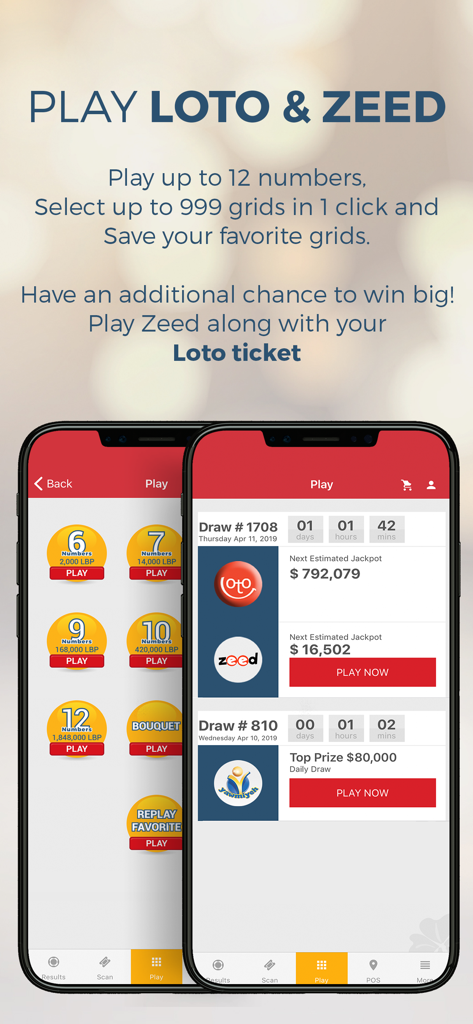 LLDJ: La Libanaise Des Jeux - Interface of the LLDJ mobile app showing Loto and Zeed game options and jackpot amounts.