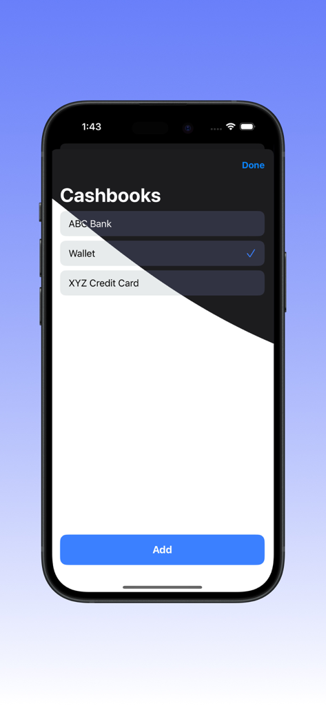 CashBook: Cash management - Screenshot of the CashBook app interface showing a list of accounts like Bank and Wallet