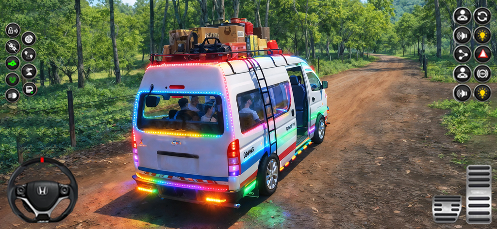 Dubai Van Simulator Games 3D - Una furgoneta blanca personalizada con coloridas luces LED conduciendo por un camino de tierra a través de un bosque en Dubai Van Simulator 3D.