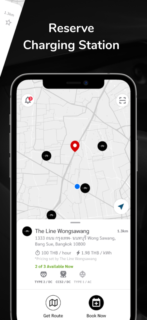 ReverSharger - Schermata dell'app ReverSharger che mostra una mappa delle stazioni di ricarica EV e un'interfaccia di prenotazione
