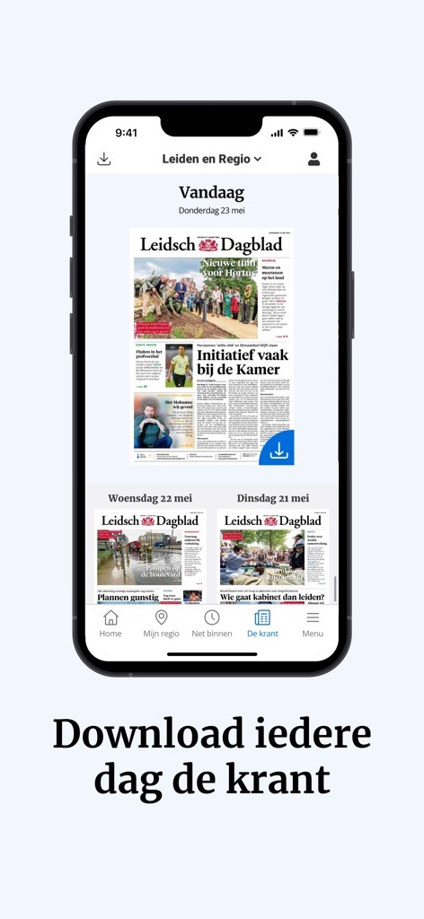 Leidsch Dagblad - iPhone screen displaying the Leidsch Dagblad digital newspaper editions for daily download