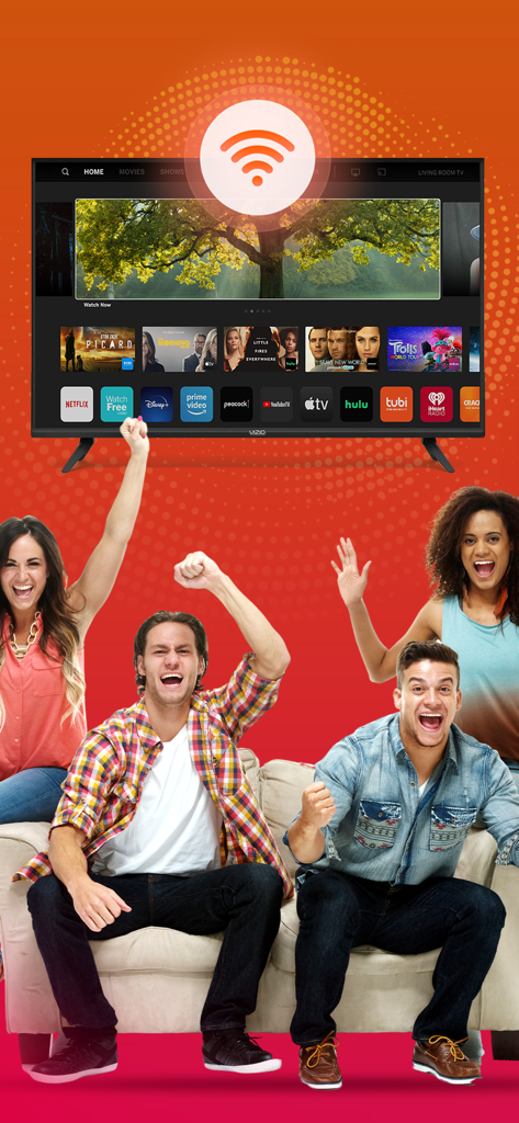 Vizo - Remote for Vizio TV - Amigos felices animando en un sofá frente a un Smart TV Vizio con un icono de conexión wifi