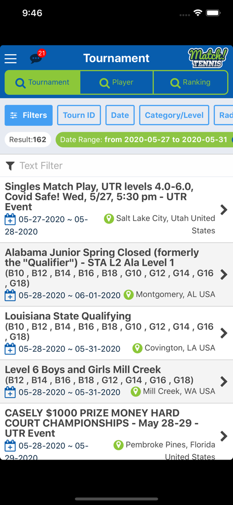 Match! Tennis App - A list of upcoming junior tennis tournaments with locations and dates in the Match Tennis app