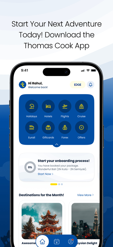 旅行予約オプションとホリデーパッケージを表示するトーマス・クック・ホリデーズ・モバイルアプリのインターフェース