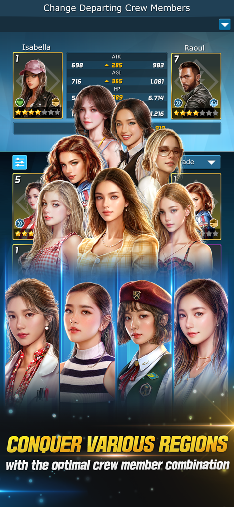 Character selection screen showing various crew members in Ace Fishing Crew