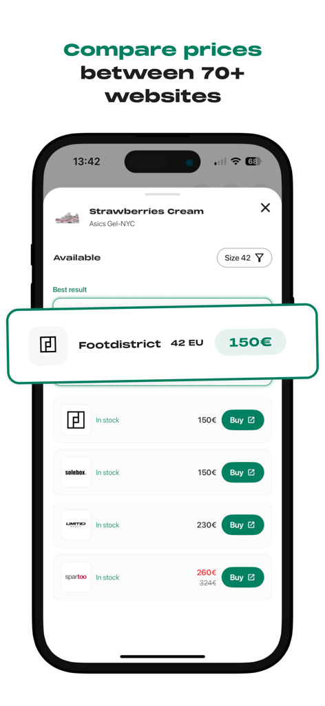 WhenToCop app showing price comparisons for sneakers from 70 plus websites