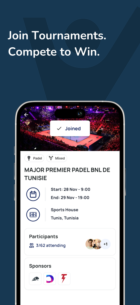 Vamos: Book, Play, Win - A mobile screen showing details for a Padel tournament in the Vamos app including dates location and participants
