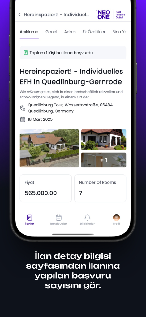 NeoOne - Interface de l'application NeoOne affichant une annonce immobilière avec des photos de la maison, le prix et le nombre de pièces