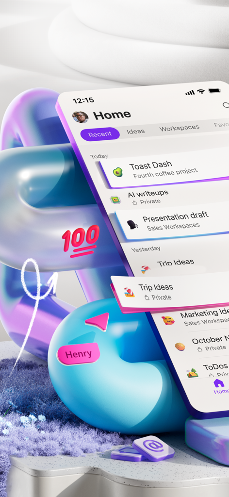 Microsoft Loop - Microsoft Loop モバイルアプリのホーム画面。さまざまなプロジェクトワークスペースと共同メモが表示されています。