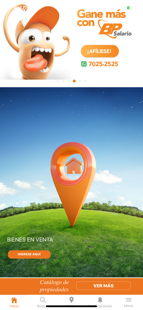 BP Venta de Bienes - Home screen of the BP Venta de Bienes real estate app featuring a large map pin with a house icon over a green landscape