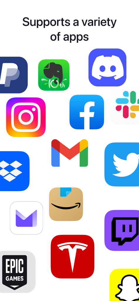 Une collection d'icônes d'applications populaires comme Facebook, Gmail et Amazon illustrant la variété de comptes pris en charge par l'Application Authenticator.