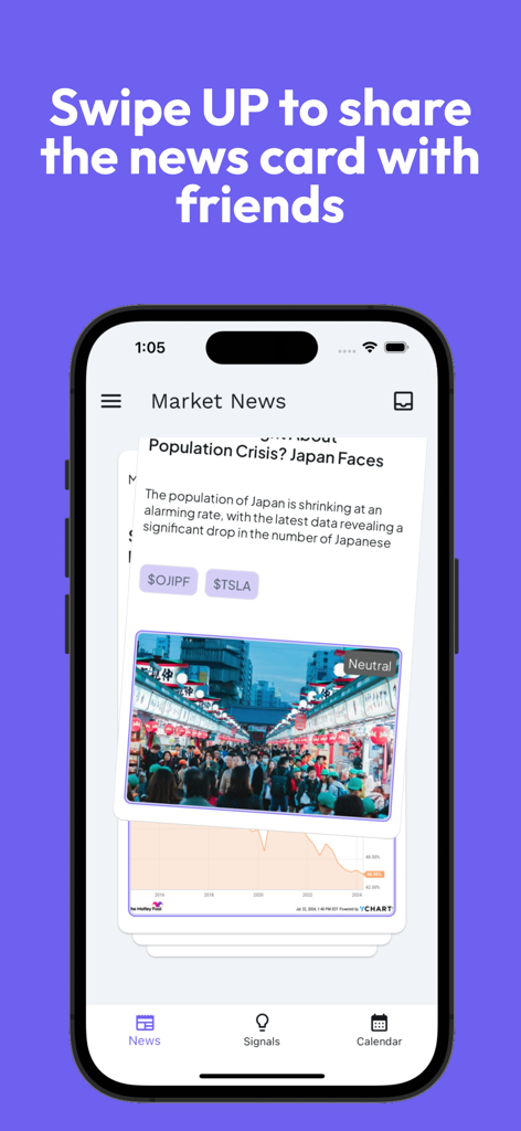 Interface do aplicativo Alerta mostrando cartões de notícias de mercado para deslizar com um prompt para deslizar para cima para compartilhar com amigos