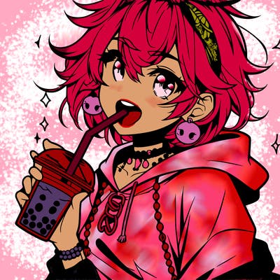 hot baddie anime girl drinking boba and biting the straw