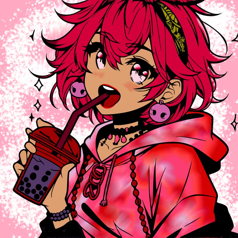 hot baddie anime girl drinking boba and biting the straw