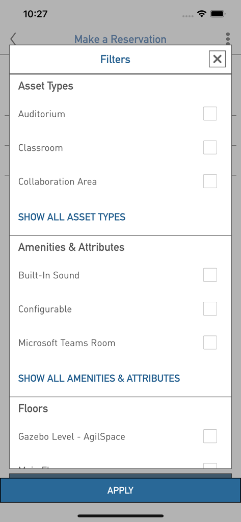 Tango Reserve by AgilQuest - Filter settings for office assets and amenities in the Tango Reserve app