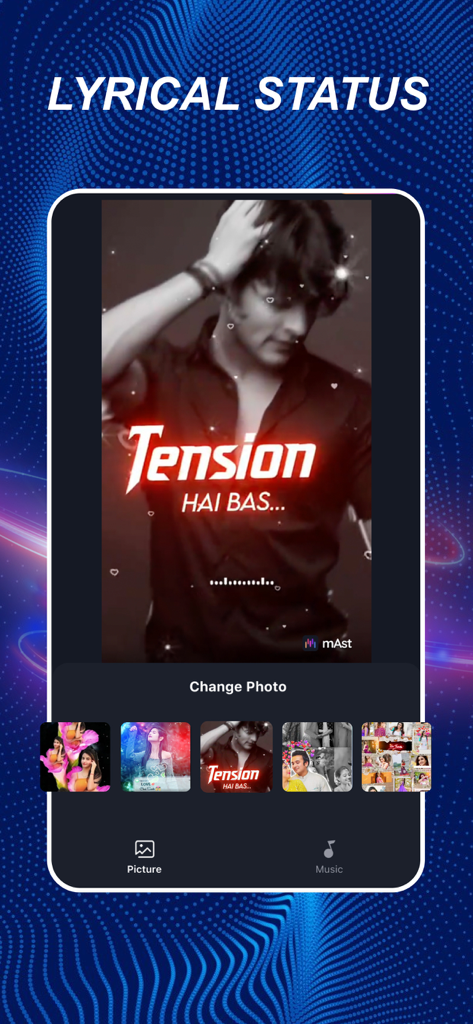 mAst - Short Video Maker App - mAst app interface for creating lyrical video status with music and photo templates