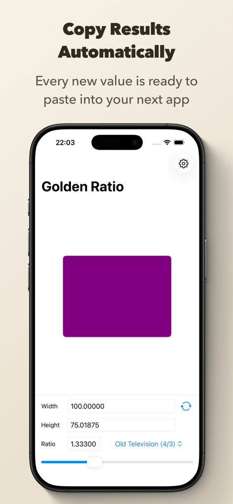 Golden Ratio Calculator++ - Golden Ratio Calculator app interface showing automatic copy feature and visual ratio preview