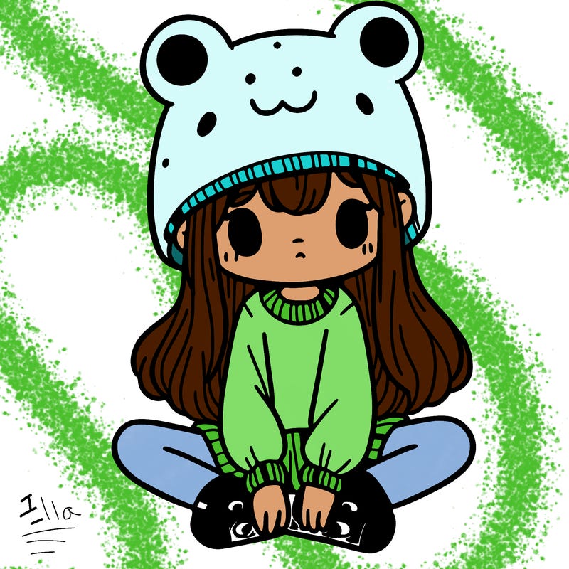 a girl wearing a frog hat and some frog socks