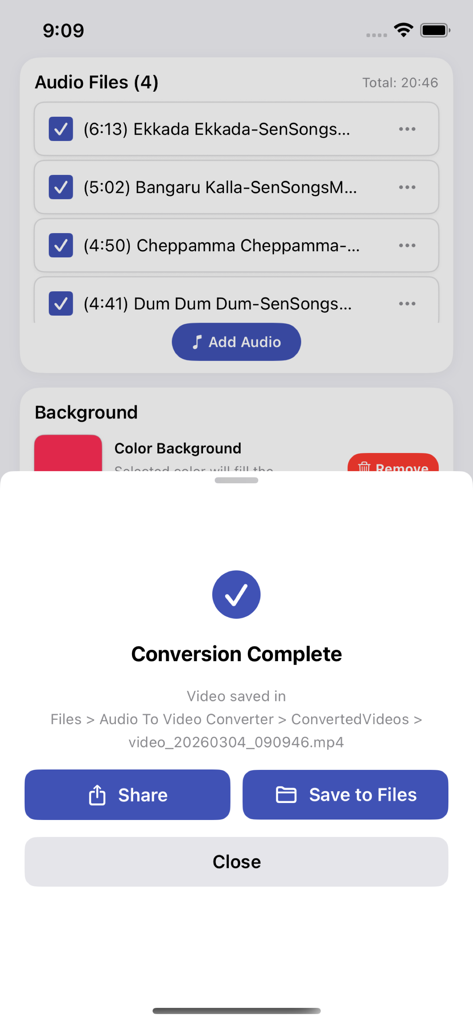 Une interface d'application mobile affichant un message de conversion terminée après la transformation de l'audio en vidéo.