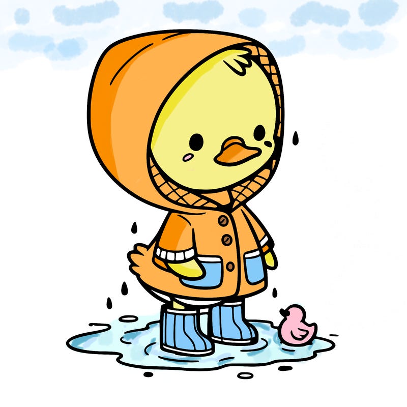 baby duck in a rain coat and boots, in a puddle while it’s raining