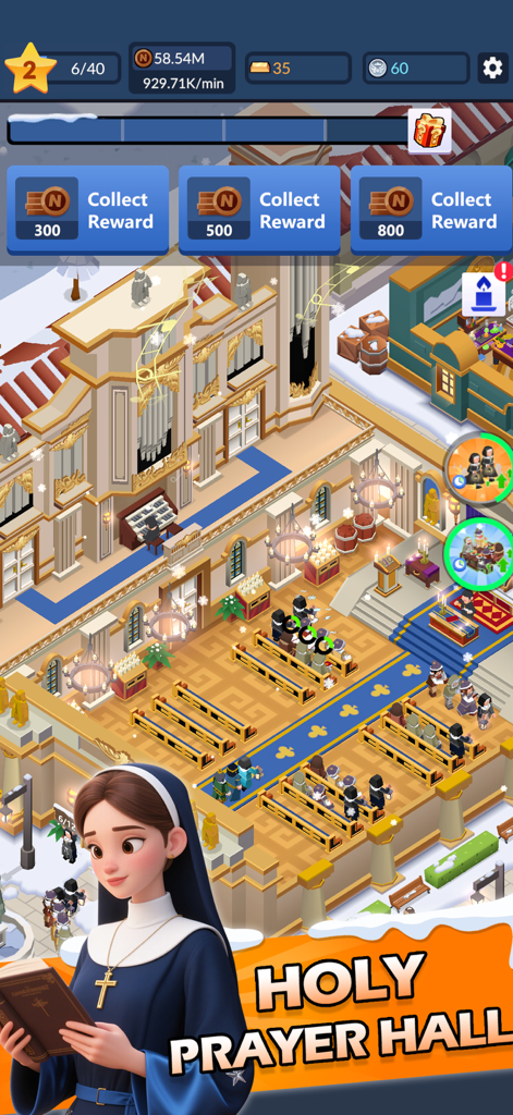 Idle Nuns Tycoon - Uma captura de tela do Salão de Oração Sagrado em Idle Nuns Tycoon mostrando um interior de mosteiro com bancos e um organista