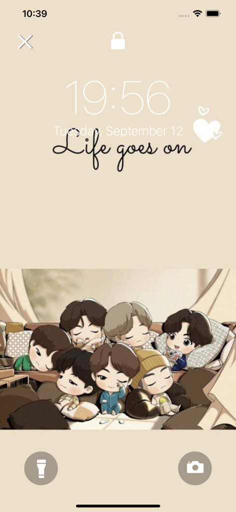 Cute BTS Live Wallpapers HD - A cute chibi BTS illustration on a mobile lock screen with the quote Life goes on