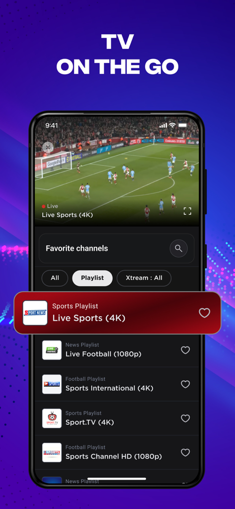 IPTV Smarters Player Lite interface displaying live sports and favorite channel playlists on a smartphone