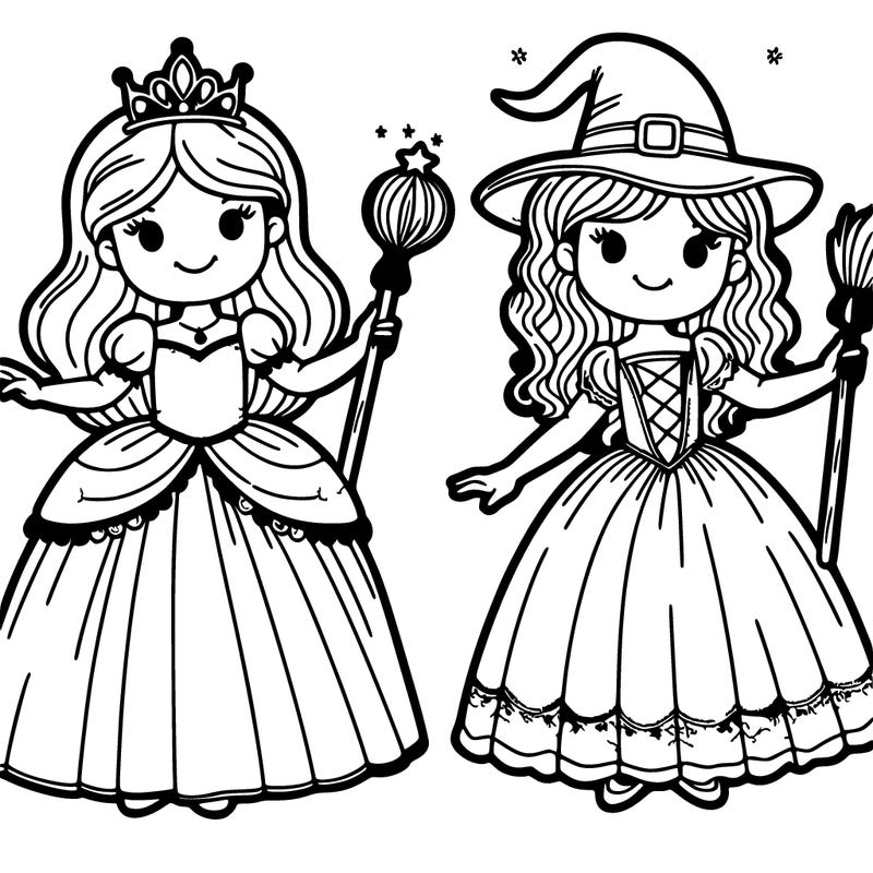 princess with wand and witch with broom