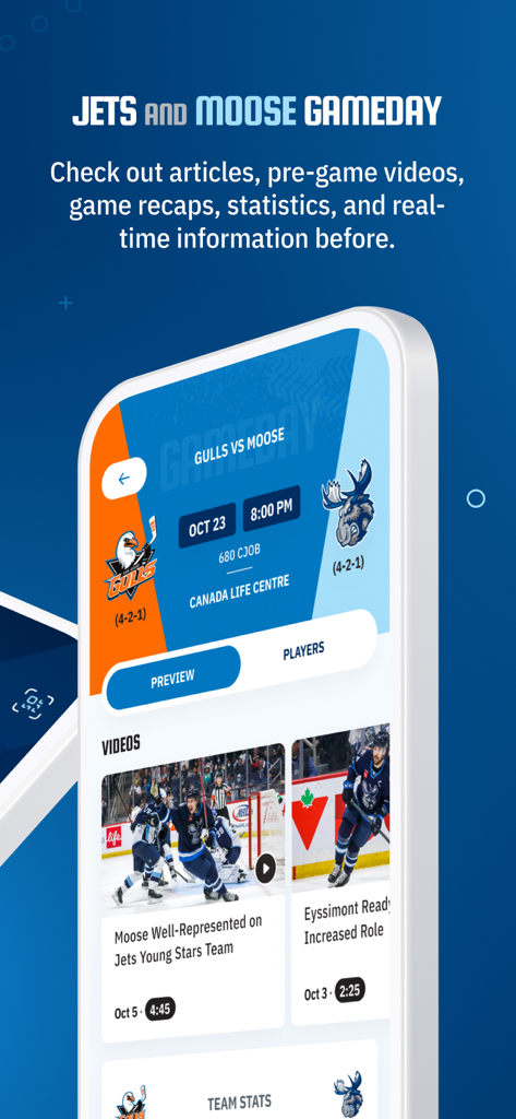 Die mobile Benutzeroberfläche der Winnipeg Jets App zeigt Manitoba Moose Spieltagsinformationen und Video-Highlights an