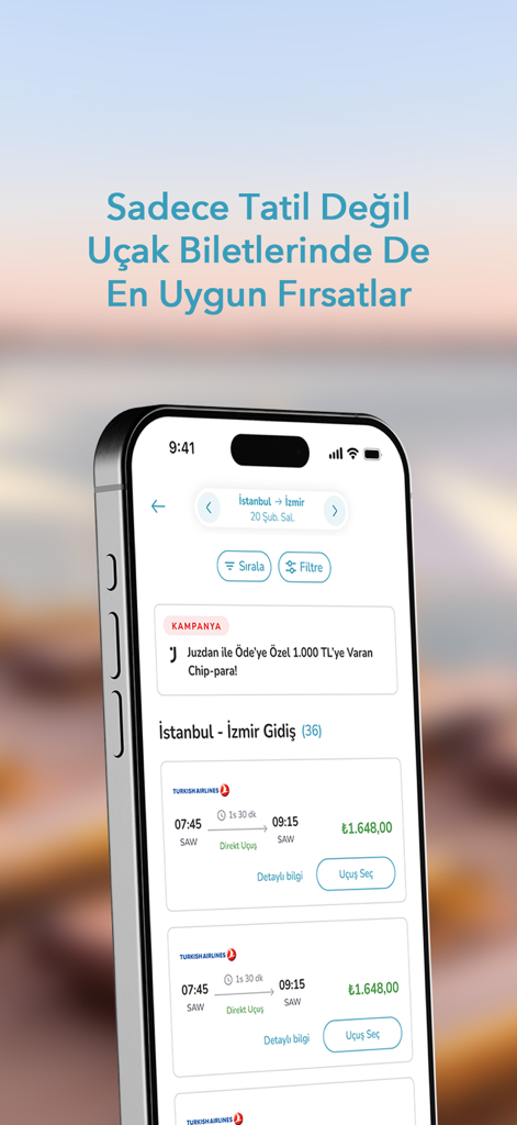 Gezinomi - Pantalla de la aplicación Gezinomi que muestra resultados de búsqueda de vuelos y precios de billetes para viajar entre Estambul e Izmir.